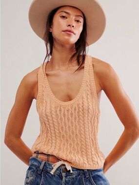 Free People Peach Cable Knit Scoop Tank